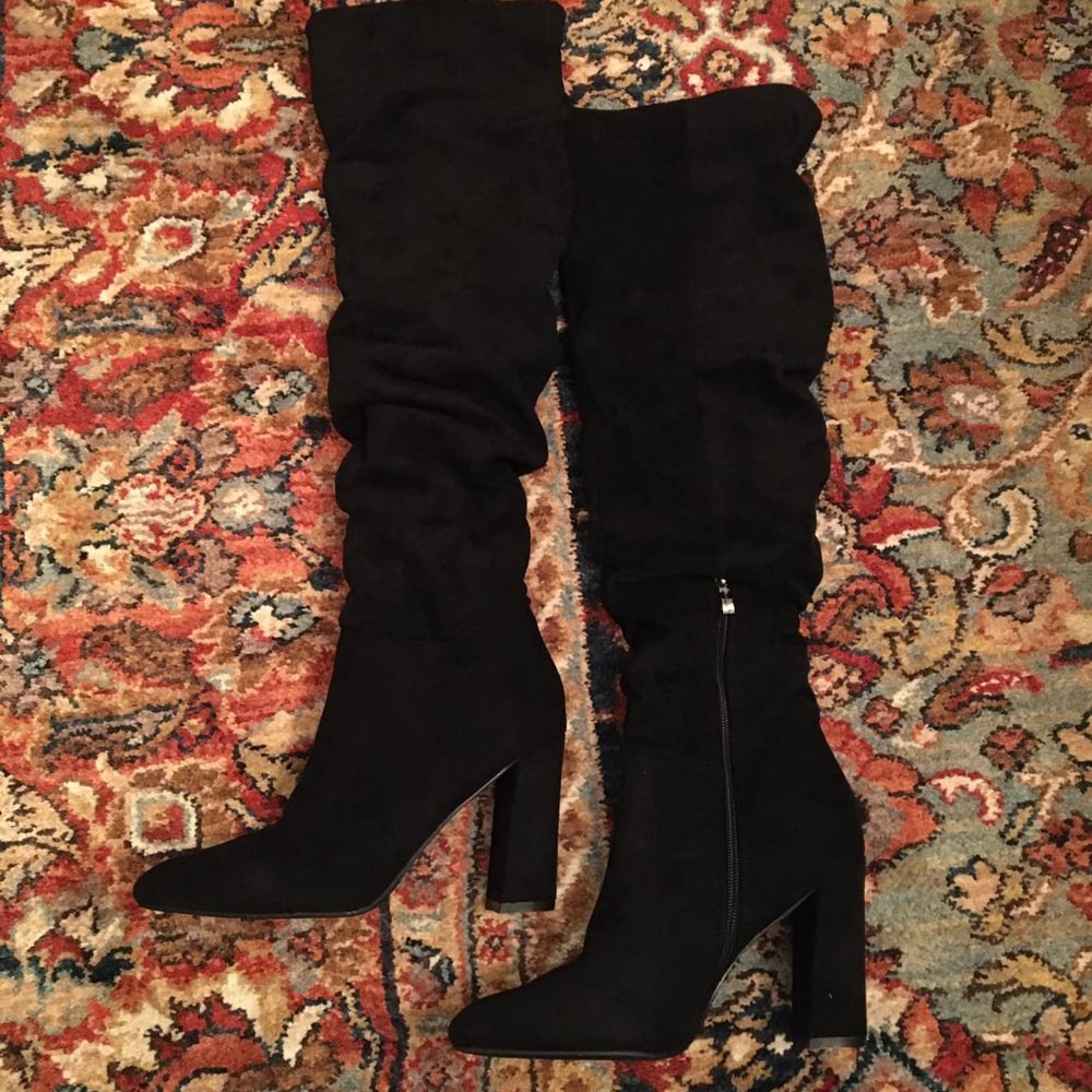 Forever 21 Size 7 Faux Suede Black Tall Over the Knee High Heel Boots